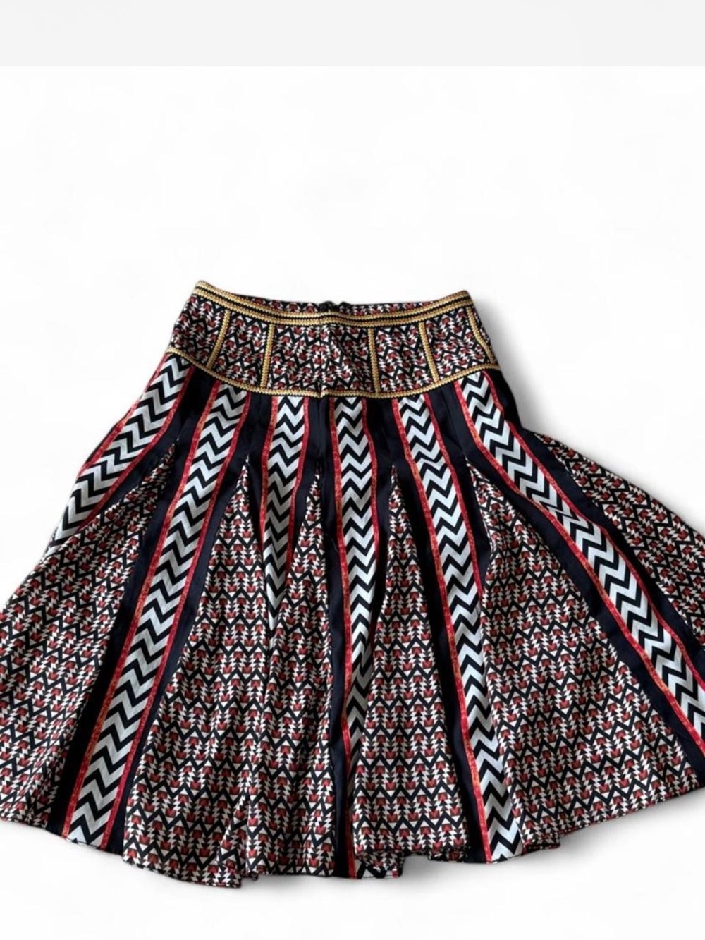 Ranna Gill Boho Chevron & Geo Print Flared Skirt - Red Black White
